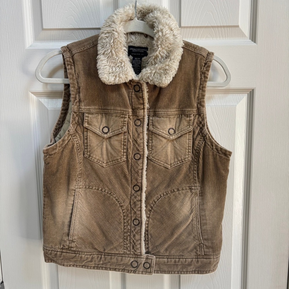 American Eagle Y2K Boho Corduroy Sherpa Collar Vest Tan Brown Faux Shearling M
